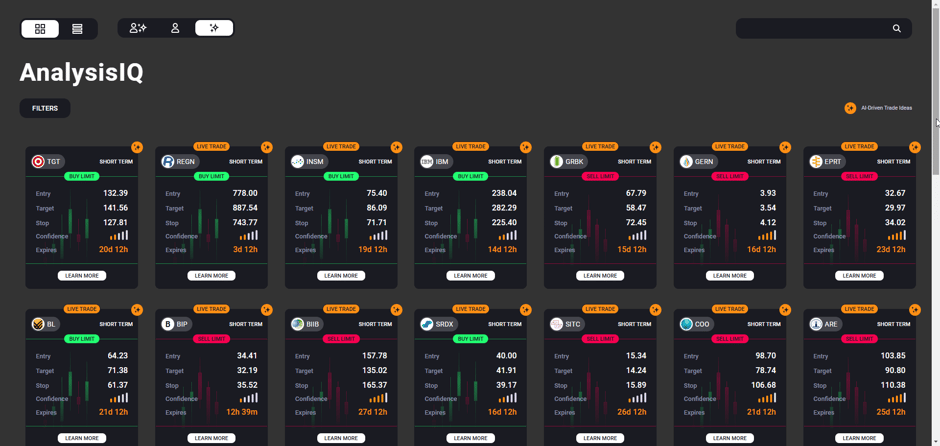 A performance filter menu over the AI-driven trade signals dashboard, offering options to filter by confidence, asset class, performance (win rate, profit factor), and live status. Cards with detailed trade signals are visible in the background.