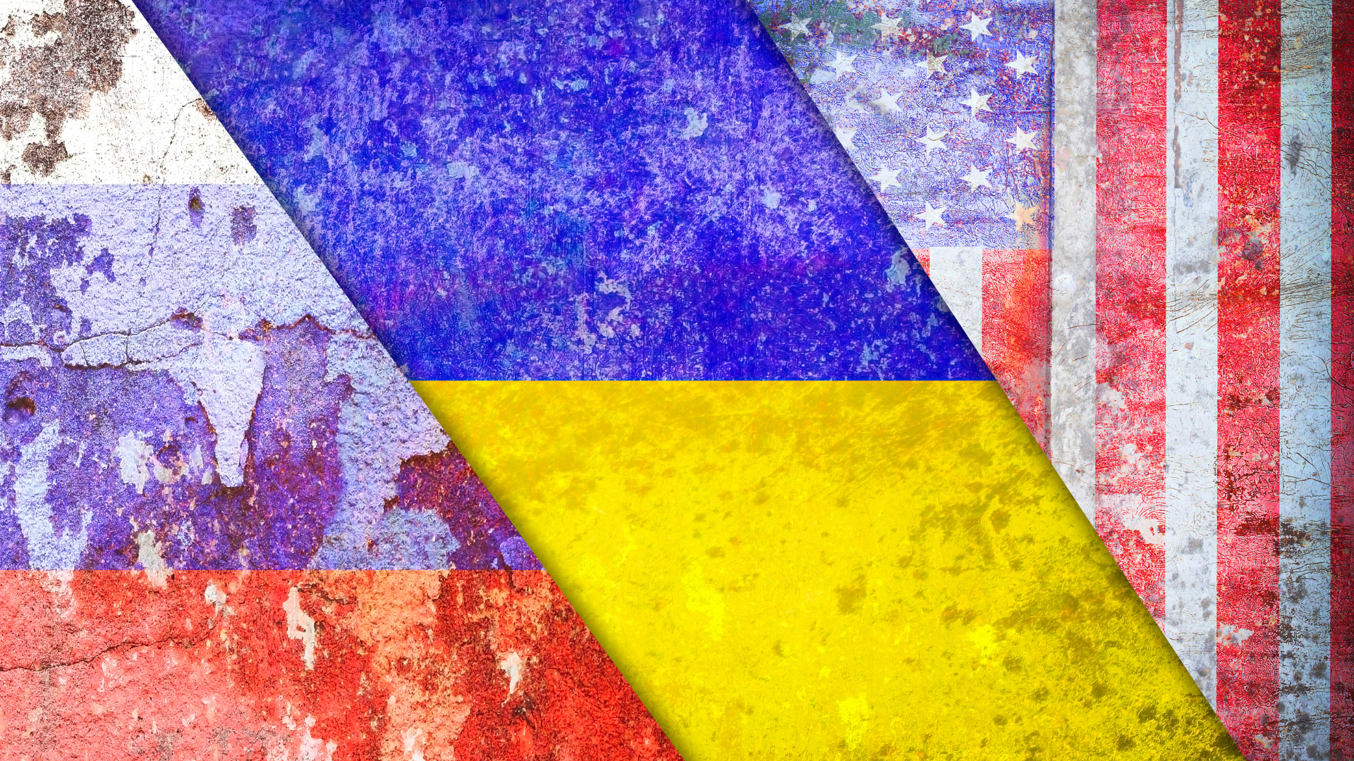 A triptych of the Russian, Ukrainian and USA flags arranged as diagonal stripes across the frame, with an ageing metal effect applied to the whole image.