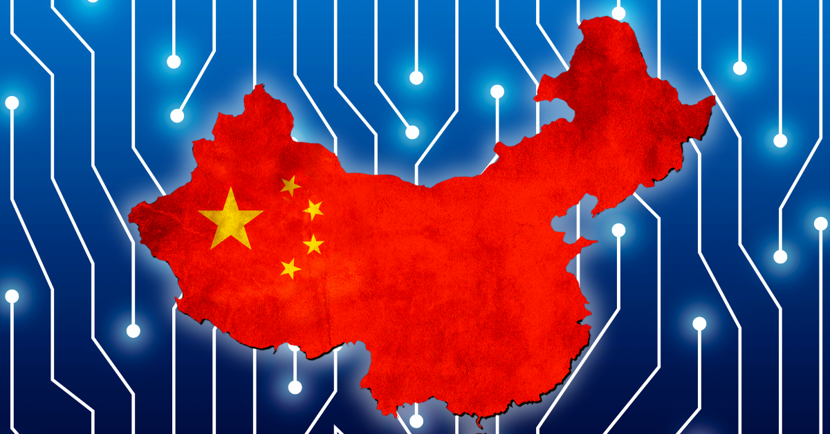 A map in the shape of China, overlaid with the red and yellow Chinese flag design, all set against a blue and white stylised graphic of a circuitboard.