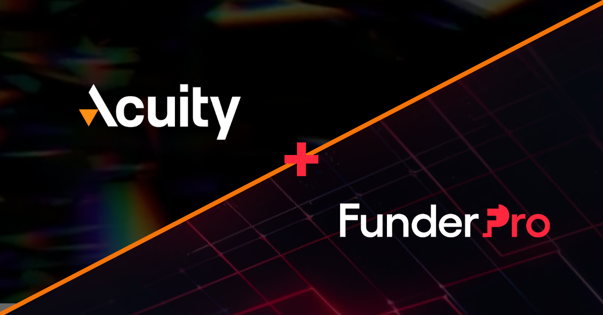 The Acuity and FunderPro logos set against respective black and red cyber tech themes separated by a diagonal orange line and red plus symbol