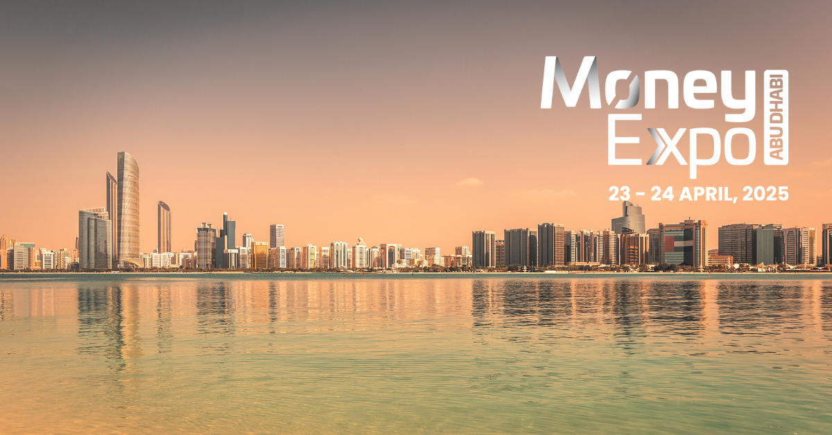 Sunrise landscape image of Abu Dhabi reflected in water, with orange, yellow and dusky tones. The Money Expo 2025 logo is in white to frame right.