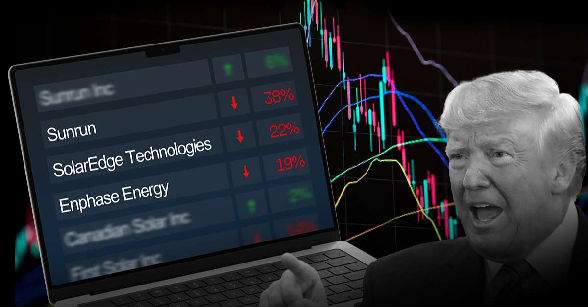 A graphic showing Donald Trump gesturing next to a laptop screen displaying sharp declines in renewable energy stocks. Sunrun is down 38%, SolarEdge Technologies is down 22%, and Enphase Energy is down 19%. A red downward trend icon and candlestick stock chart appear in the background. Text reads: