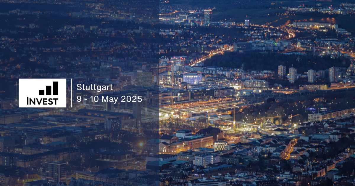 A night time image of Stuttgart with its golden lights against the blue black of night, with a transparent blue overlay to the left emphasising the white Invest Stuttgart 2025 logo