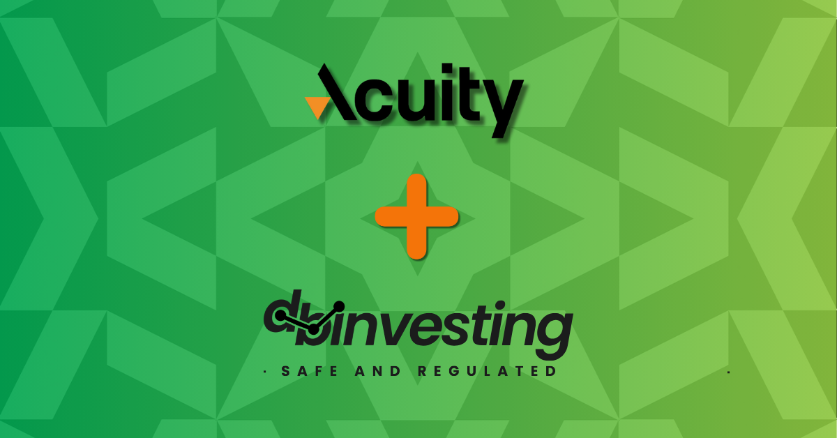 Green gradient background with overlaid arrow pattern. The Acuity Trading logo is at the top, with an orange plus symbol in the centre, and the DB Investing logo under that.