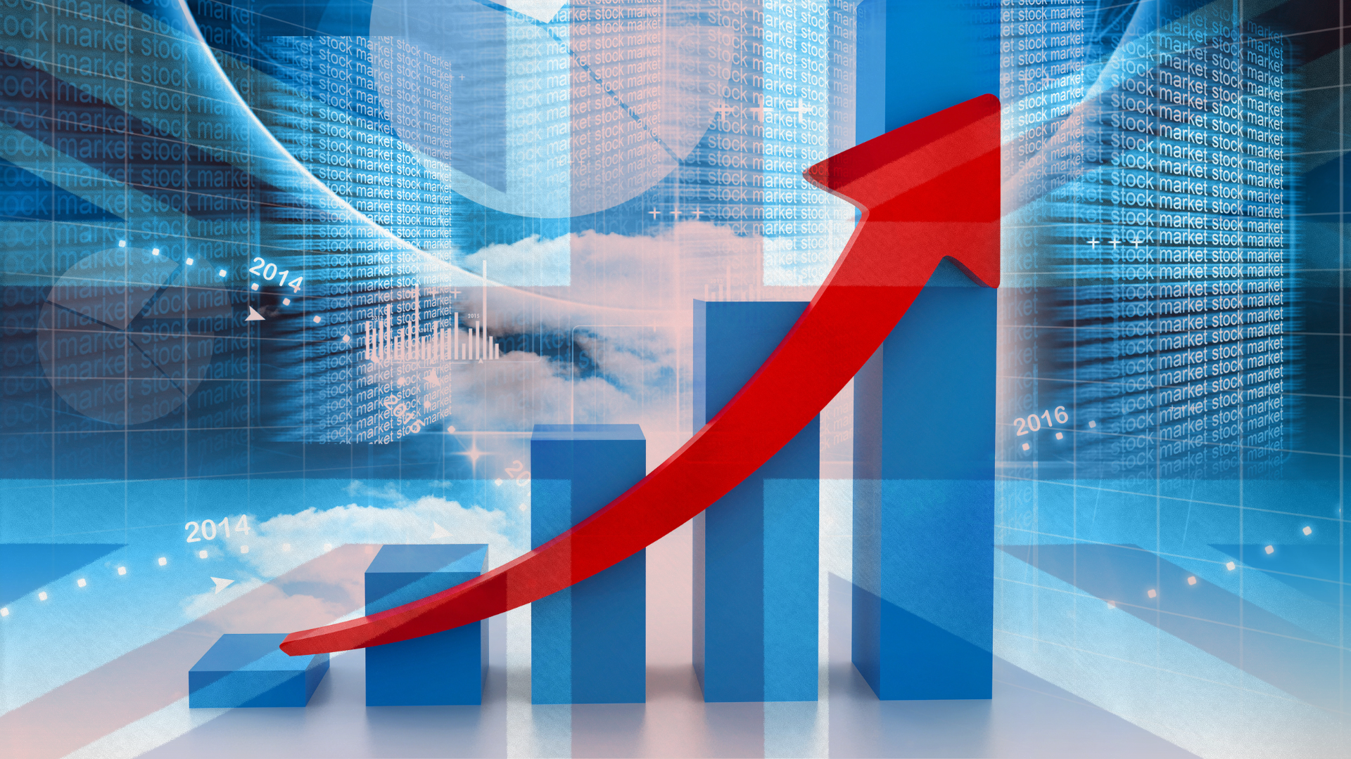 A rising blue bar chart with a red arrow on an upward trajectory, set against a background of stock and share figures, overlaid with a Union Jack