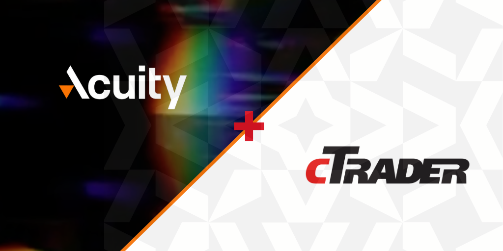 Landscape format graphic displaying Acuity Trading + cTrader logos against a diagonally divided image with a colourful graphic on the left and a monochromatic graphic on the right.