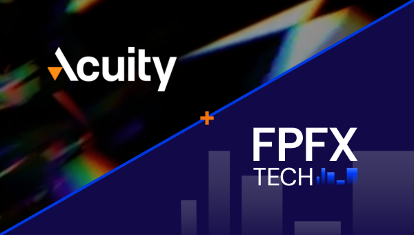 The Acuity Trading and FPFX Technologies logos set against a diagonally bisected background featuring a colourful aurora-like graphic on the left and a blue geometric corporate design on the right. A diagonal blue line diagonally separates the images, with an orange plus symbol in the centre.