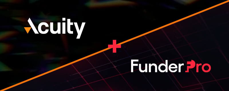 The Acuity and FunderPro logos set against respective black and red cyber tech themes separated by a diagonal orange line and red plus symbol