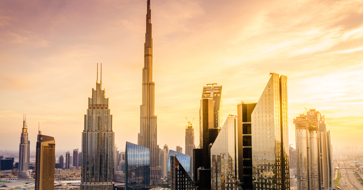 The Dubai city skyline at sunset