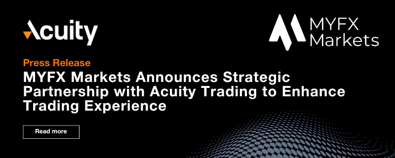 Press release banner announcing MYFX Markets' strategic partnership with Acuity Trading to enhance trading experience, with logos and a 'Read more' button.