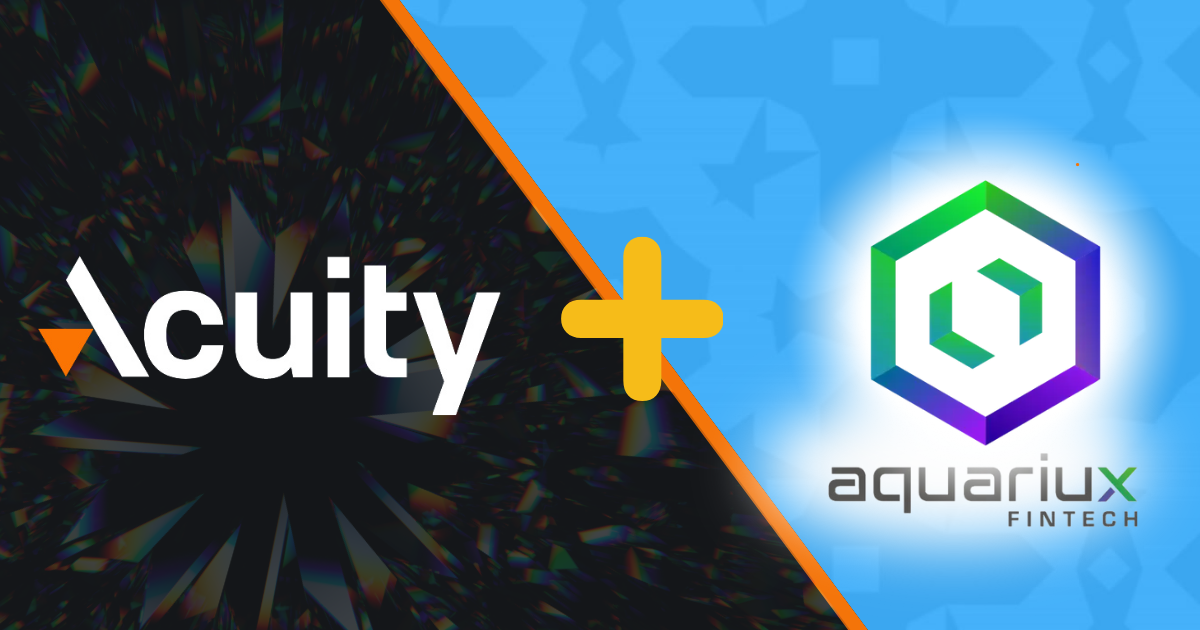 Acuity Trading and Aquariux Fintech logos against diagonally divided black prismatic and blue patterned backgrounds with a central yellow plus sign