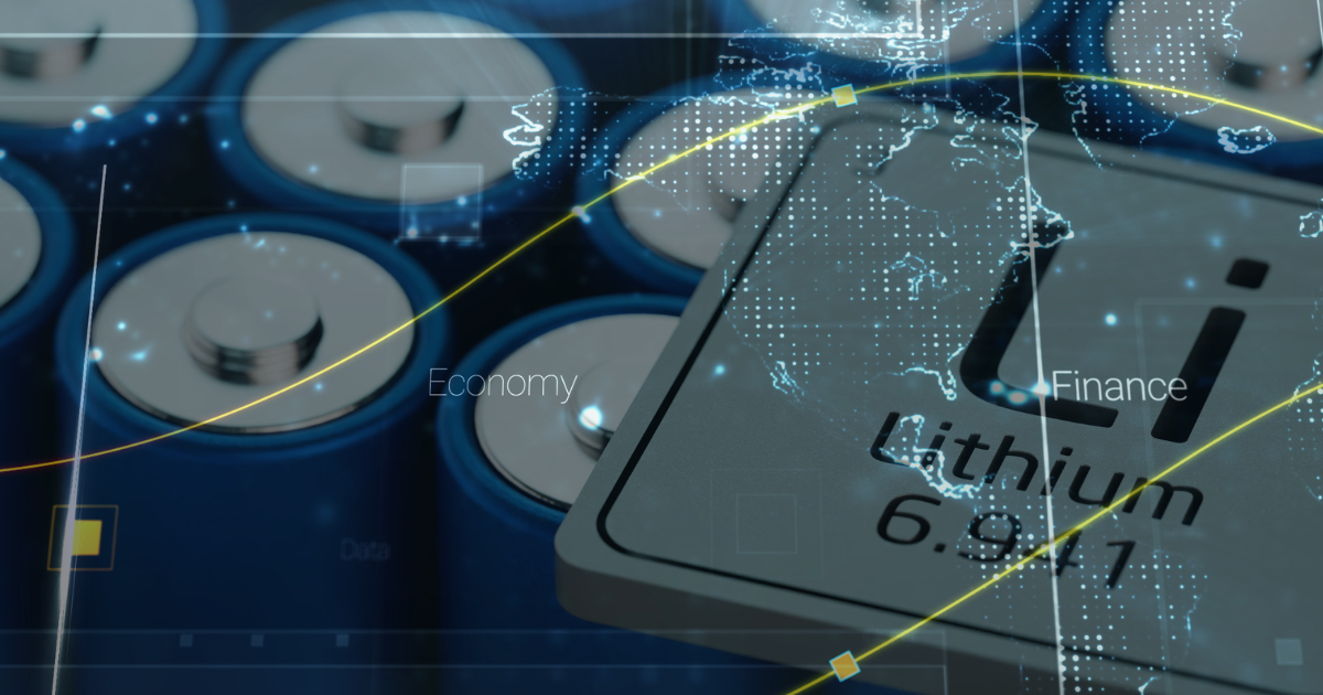 A digital composite image featuring a close-up of blue lithium-ion batteries with silver tops. Overlaid is a metallic lithium element tile displaying 'Li' and its atomic number, 6.941. A world map with glowing lines and nodes is superimposed on the image, along with the words 'Economy' and 'Finance,' suggesting the economic and financial importance of lithium. The composition has a futuristic, high-tech aesthetic, emphasizing lithium's role in battery technology and global markets.